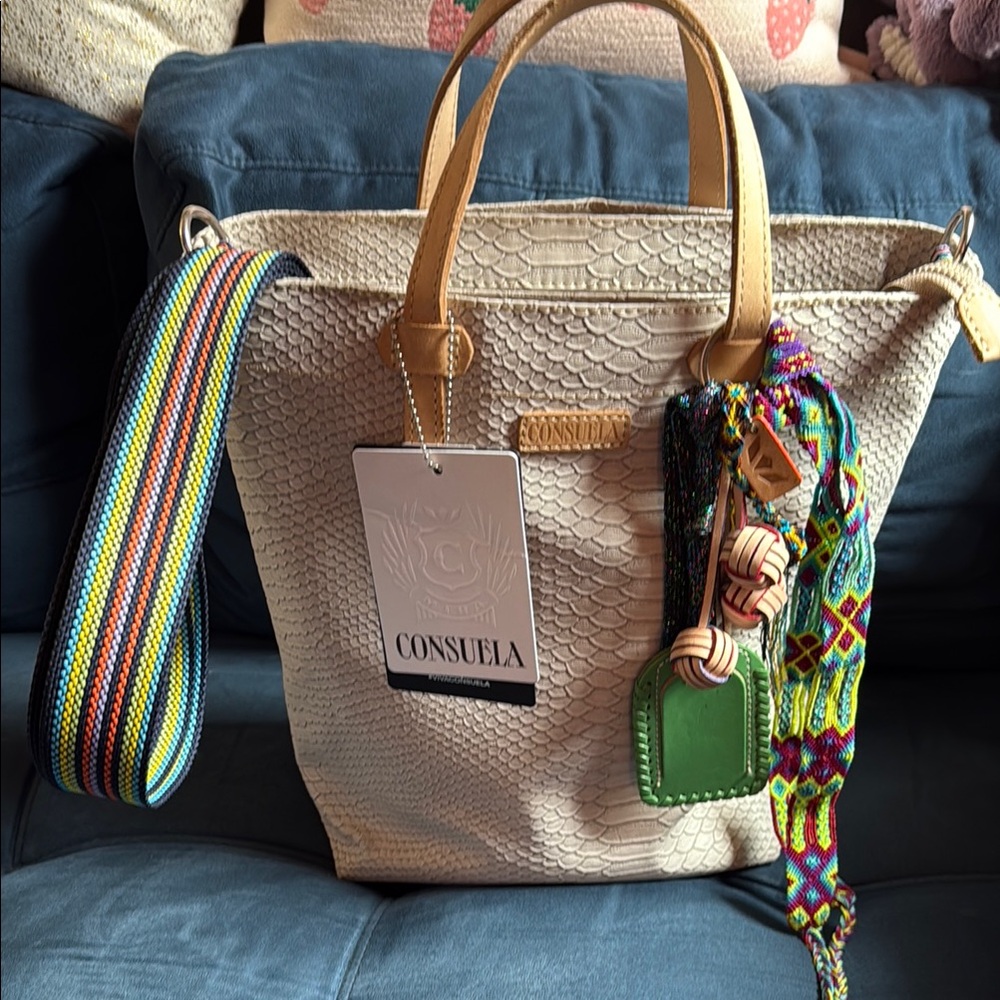Consuela Cream Tote with Colorful Striped Strap and Leather Handles